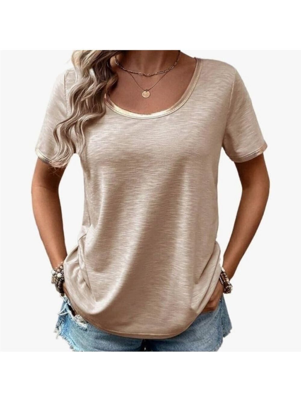 Womens Solid Color Round Neck Short Sleeve T-Shirt Summer Blouse golden trim XL